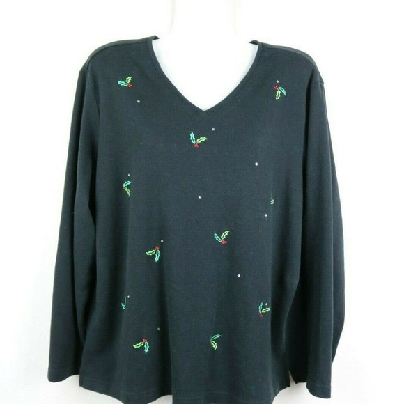 Quacker Factory Womens Blouse Long Sleeve Black - Picture 2 of 7